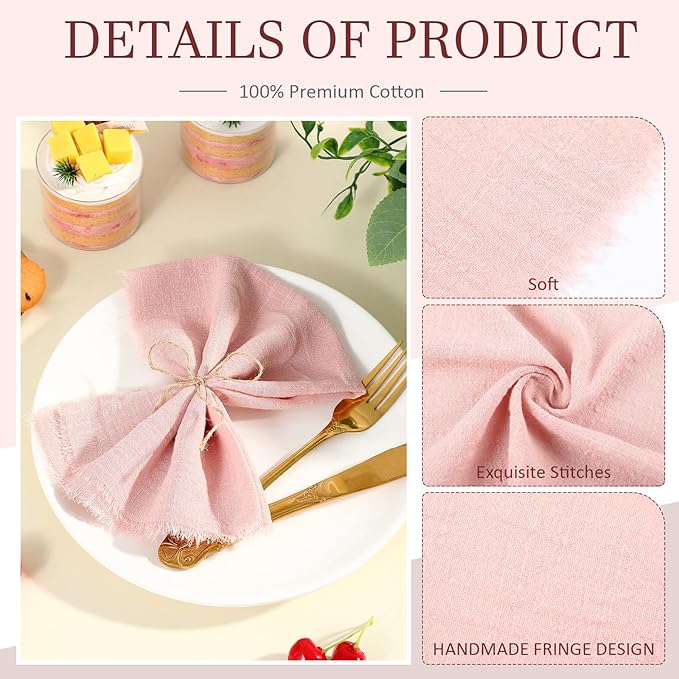 Preboun 24 Pcs Fringe Napkins Bulk Cloth Cotton Soft 17 x 17 Inch Rustic Reusable Washable Festive Square Table Napkins with Fringe for Parties Wedding Restaurant Table Accessory (Dusty Rose)