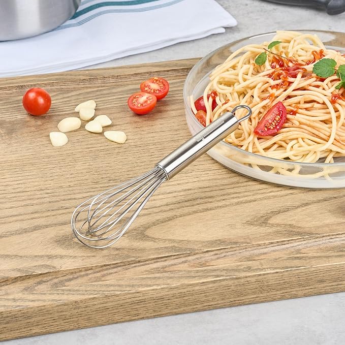 Restaurantware 7 in Stainless Steel Wire Whisk - German Standard Kitchen Balloon Whisk with Ergonomic Handle, Dishwasher Safe - Durable French Whisk for Cooking, Mixing Thick Batter and Sauce
