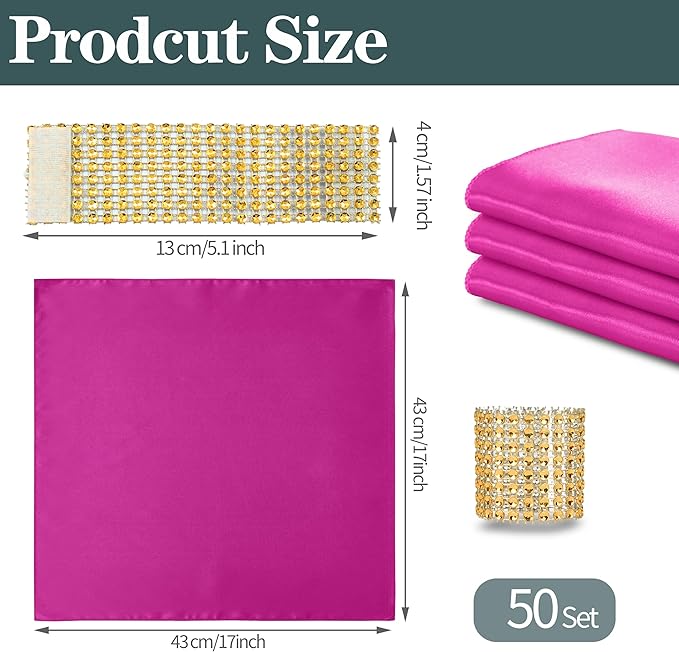 RUDONG M 100 Pcs Hot Pink Satin Napkins and Napkin Rings Set, 17 x 17 Inch Square Cloth Napkins Set of 50, Silky Soft Table Napkins Bulk for Weddings, Banquet, Parties Dinner Decoration