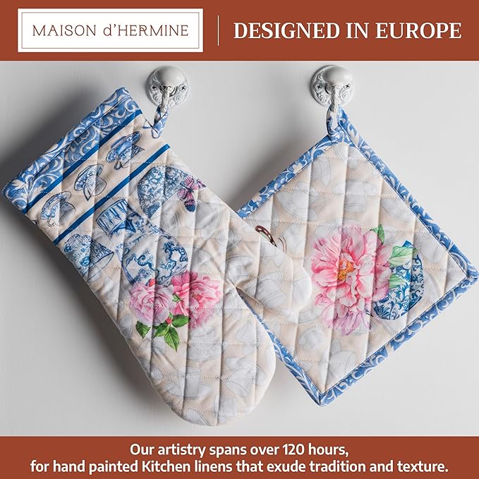 Maison d' Hermine 100% Cotton Oven Mitt & Pot Holder Set (7.5"x13" & 8"x8") Heat Resistant BBQ Cooking Gloves with Loop Baking Grilling Kitchen Gifts for Mothers Day Spring/Summer (Canton)