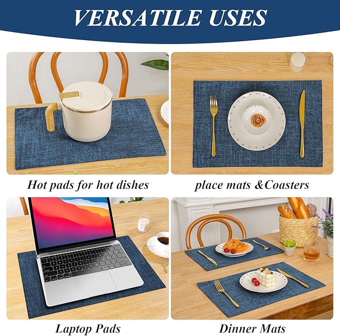 SHACOS Washable Cloth Placemats Set of 4 Double Layer Fabric Non Slip Heat Resistant Table Mats Linen Place Mats Stain Resistant Reversible Indoor Outdoor, Dark Blue
