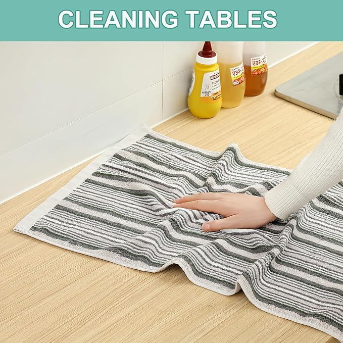 SALAS Kitchen Dish Towels for Drying Dishes, Large Cotton Kitchen Towels, Stripped Terry Dish Cloths, Thick Highly Absorbent Towel Sets with Hanging Loop, 16" X 26", 6 Packs, Grey with Green