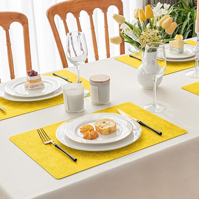 Romanstile Vinyl Placemats Set of 12-12 X 17 Inch - Faux Leather 100% Waterproof Oil-Proof Wipeable Place Mats, Heat Resistant Reversible PU Table Mats for Kitchen Dining Party Outdoor, Yellow