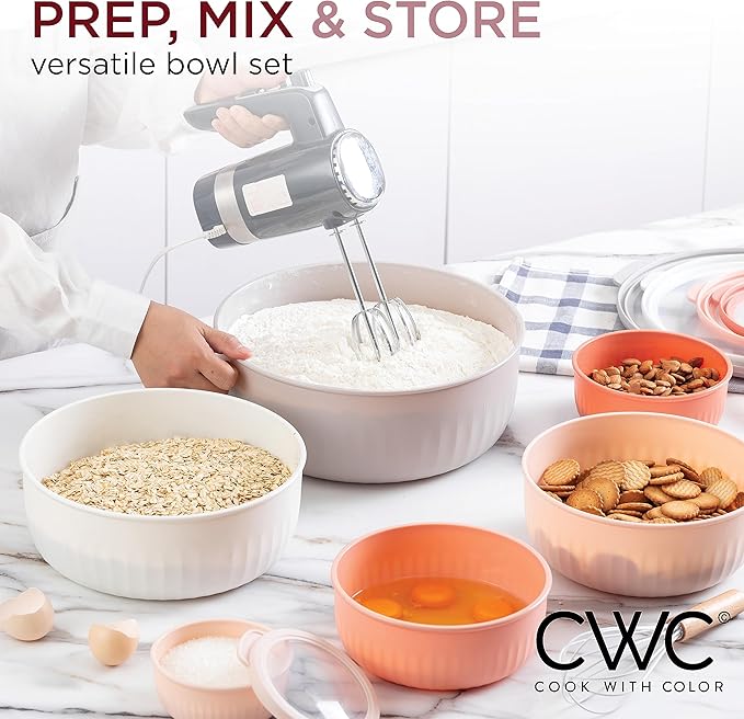 COOK WITH COLOR Prep Bowls with Lids- Wide and Deep Nesting Plastic Small Mixing Bowl Set with Lids, 12 Piece Set - (Multi Colored), Grey/Pink