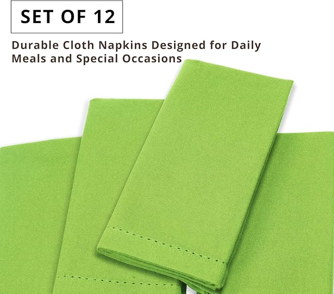 PurpleEssences Set of 12 Hemstitch Cloth Dinner Napkins 100% Cotton - Soft Durable Washable - Ideal for Wedding Spring Easter Summer - Perfect Everyday Use Table Linen 18x18 - Apple Green
