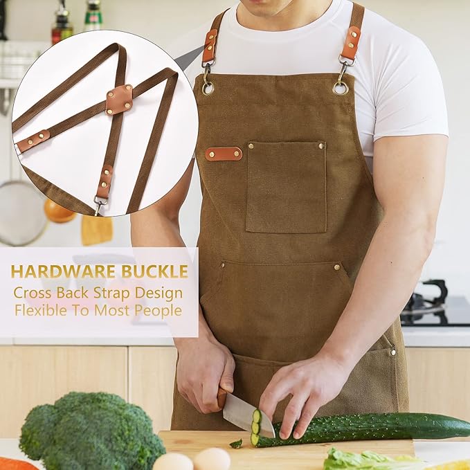 Aoomzoon Canvas Aprons for Men Chef Apron, Work Apron with Large Pockets - 16oz Heavy Duty Cross Back, BBQ, Cooking