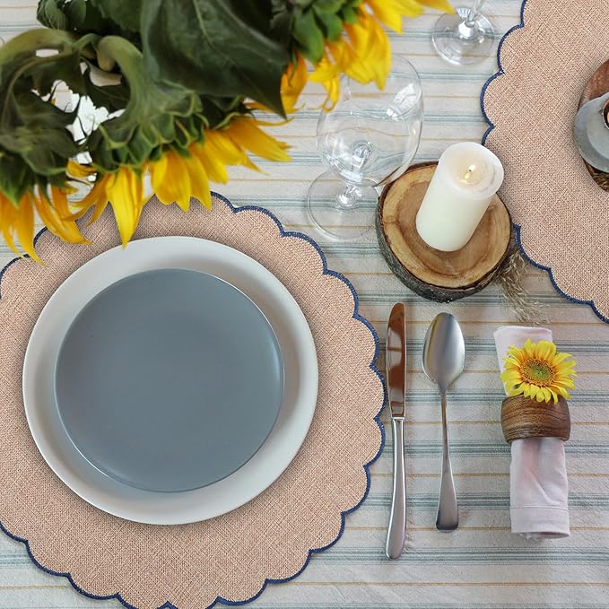Set of 6 Round Placemats 15 Inch Cotton Scalloped Embroidery Placemat Washable Double Layered Rustic Dinner Table Mat Decor Fabric for Hotel Restaurant Kitchen(Flaxen/Blue,Classic)