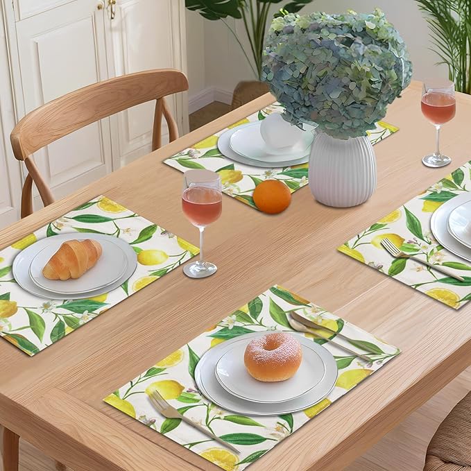 Lemon Table Placemats Set of 4 Place Mats Linen Washable Wipeable Placemats Heat Resistant Placemats Fabric Waterproof Rectangle Table Mat for Kitchen Dining Dinner 18 X 12 Inch, Lemon