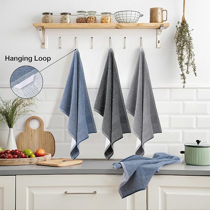 Mordimy Premium Kitchen Towels 6 Pack (18 x 28 Inches, Navy Blue/Grey/Black), Large Cotton Flat & Terry Kitchen Hand Towel, Super Absorbent Tea Dishtowels Set with Hanging Loop