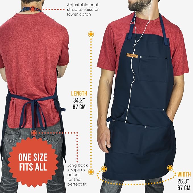 Chef Pomodoro Chef Apron for Men and Women - Kitchen Apron with Pockets & Adjustable Neck Straps - Cooking Apron 100% Cotton