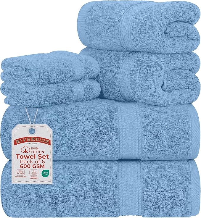 RIVERSIDE Luxury 6 Piece Towel Set, 2 Bath Towels, 2 Hand Towel, 2 Wash Cloths, 100% Cotton, 600 GSM Hotel Quality, Soft, Highly Absorbent Towels for Bathroom, Electric Blue Towel Sets