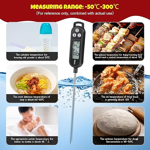 Copkim 6 Pcs Instant Read Meat Thermometer with Long Probe 9.65 Inch Kitchen Cooking Food Candy Waterproof Digital Thermometer for BBQ Water Milk Yogurt Liquid Cooking(Black)
