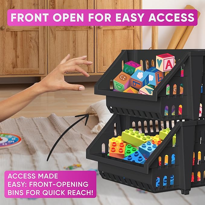 Skywin TidyFriend Small Stackable Storage Bins for Toy Organizer and Storage 4 Pack, Toy Storage Organizer for Kids Room and Home Organization (Black)