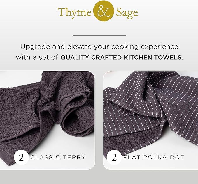 Thyme and Sage 100% Cotton Premium Turkish Kitchen Hand Towel Set, 16"x26", Ultra Absorbent, 350 GSM, Earl Gray, Pack of 4