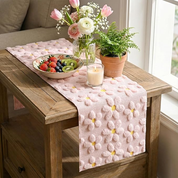 Artoid Mode Pink Soft Plush Faux Fur Jacquard Embroidery Daisy Spring Table Runner, Kitchen Dining Table Decoration for Home Party Decor 13x72 Inch