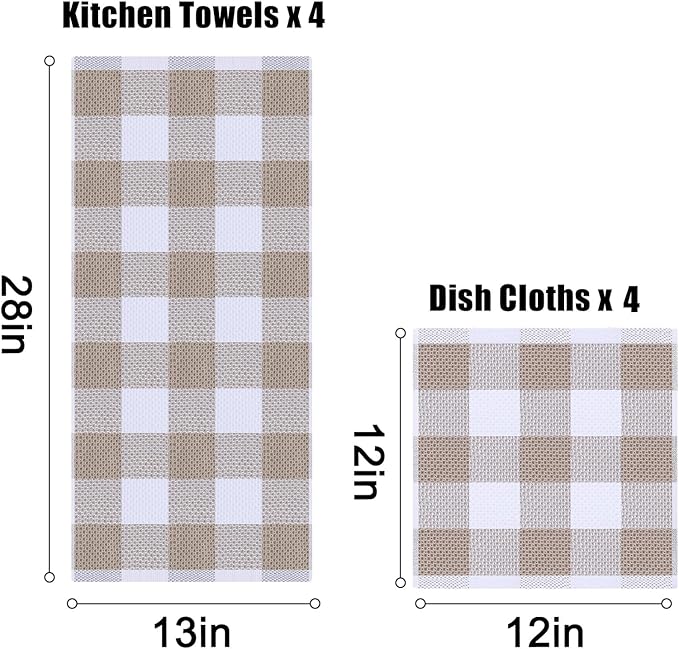 Homaxy Kitchen Towels and Dishcloths Set, 12 x 12 and 13 x 28 Inches, Set of 12 100% Cotton Waffle Weave Check Plaid Kitchen Dish Towels, Super Soft and Absorbent Dish Cloths, White & Khaki