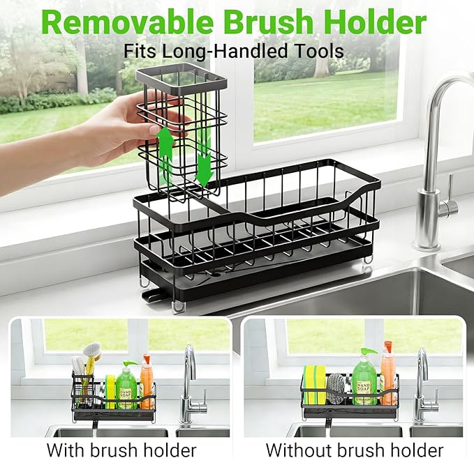 Sponge Holder for Kitchen Sink, Self-Draining Sink Caddy Organizer with Removable Brush Holder, Rustproof Metal Sponge Rack for Countertop, Fits Soap Dispenser & Scrubber, Black