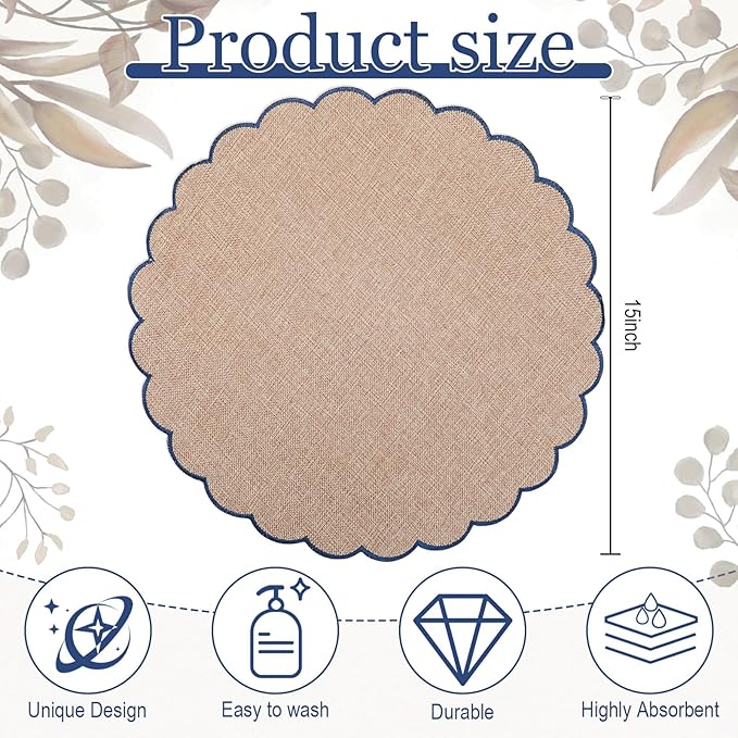 Set of 6 Round Placemats 15 Inch Cotton Scalloped Embroidery Placemat Washable Double Layered Rustic Dinner Table Mat Decor Fabric for Hotel Restaurant Kitchen(Flaxen/Blue,Classic)