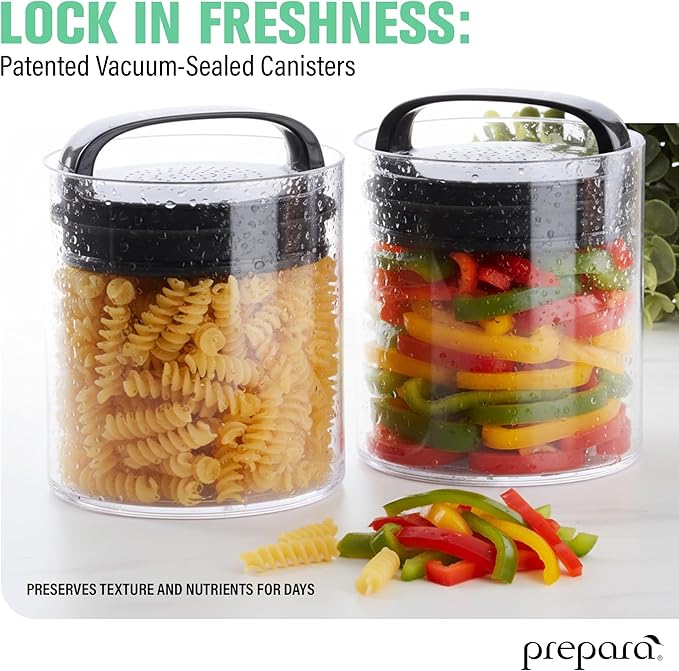 Prepara Evak Fresh Saver Short Airtight Containers, Large - Black Handle with Patented Twin-Valve System, BPA Free Stackable Storage Canisters for Pantry Organization - Dishwasher Safe (2-Pack)
