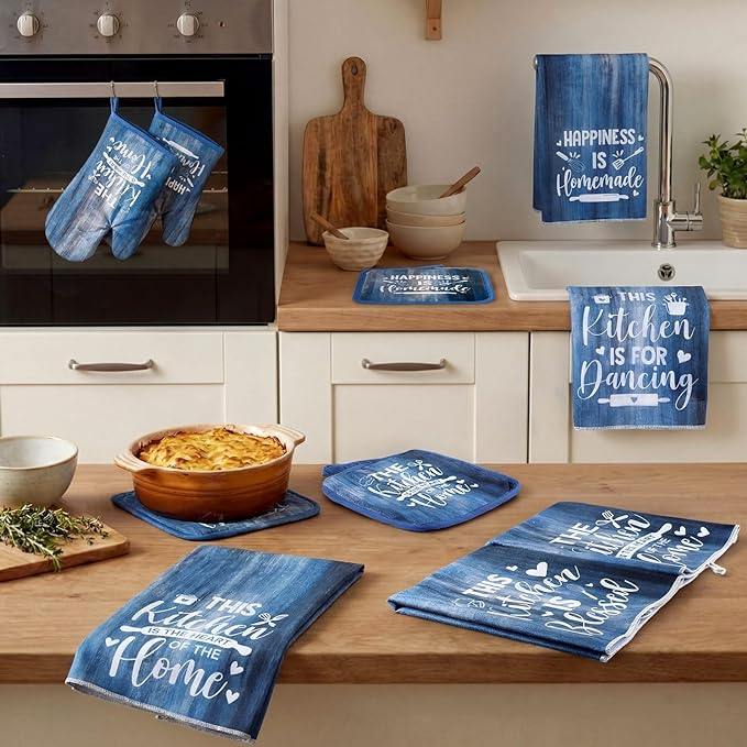 Leinuosen 8 Pcs Kitchen Towels and Oven Mitts Sets Pot Holders Dishcloths Set Kitchen Decorative Accessories Absorbent Potholders Heat Resistant for Chef Baking Cooking