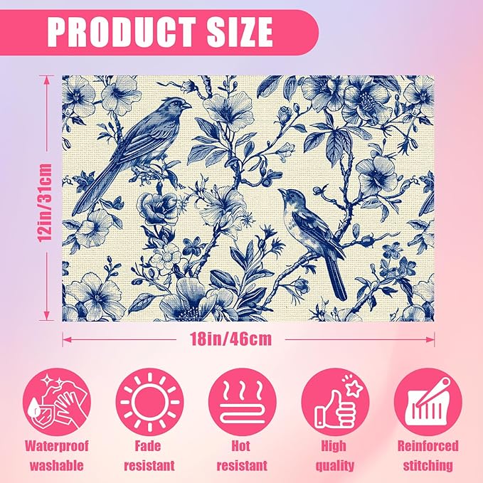 Spring Vintage Bird Flower Placemats Set of 6,12x18 Inch Navy Blue Chinoiserie Linen Place Mat Table Mats for Seasonal Farmhouse Kitchen Party Home Decor