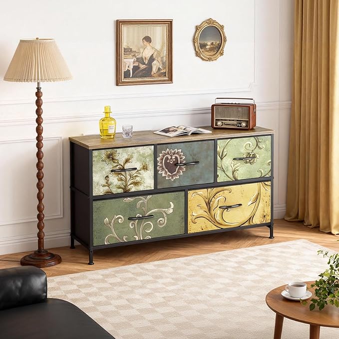 OLIXIS Dresser for Bedroom with 5 Drawers, Wide Chest of Drawers, Fabric Bedroom Dresser with Drawer Organizer, Storage Organizer Unit with Fabric Bins for Closet, Living Room, Hallway, Flower