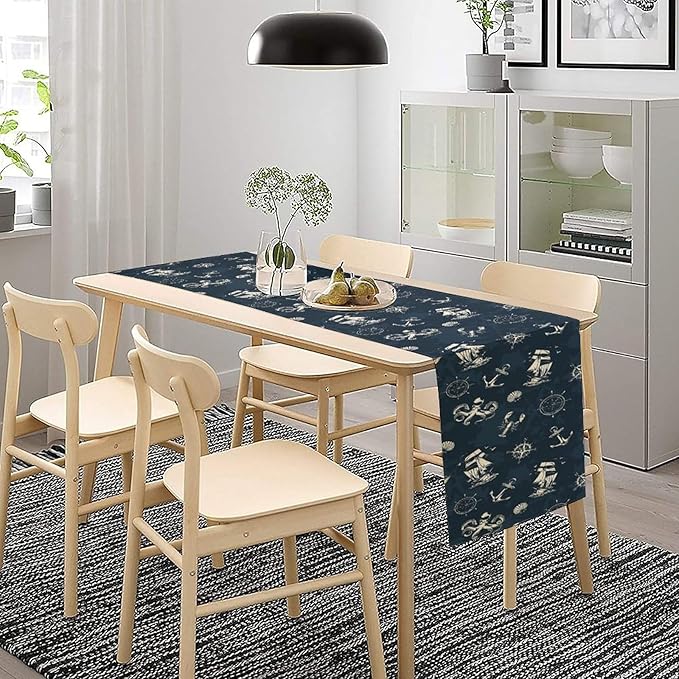 Nautical Coastal Table Runners Ocean Sailboat Table Runners for Dining Room Starfish Blue Teal Dinner Runner Kitchen Indoor Outdoor Patio Party Decor Fabric 1 Panel W13xL70in