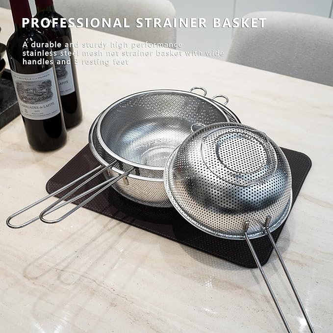 Metal Fine Mesh Strainer and Colander for Kitchen with Handle, Stainless Steel Pasta Strainer/Kitchen Funnel/Collander/Sifter for Strain/Wash Vegetables, Fruits, Spaghetti, Rice (8.6＂)