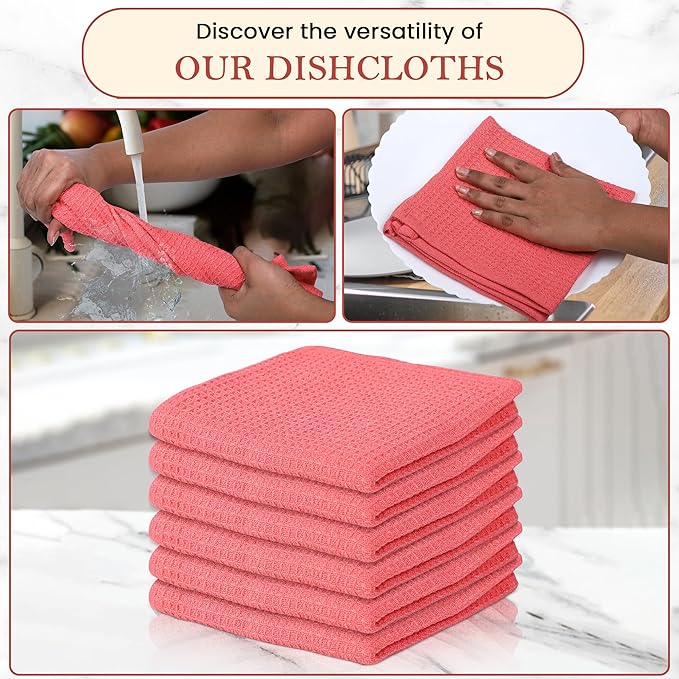Vintage Vista 100% Cotton Waffle Dish Cloths (Pack of 6) - Dish Rags for Washing Dishes - Reusable & Highly Absorbent Kitchen Towels - Kitchen Rags fo Easter - (12" x 12" - Pink)