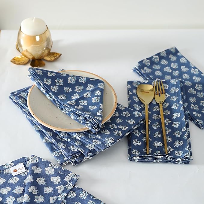 TARAN LIVING Cotton Cloth Napkins Reusable Floral Napkin Printed Dinner Napkin Set Cloth Daily Use Machine Washable Dish Cloth Gift for Valentine Home Decor Set of 12, Indigo Blue, 18x18 Inches