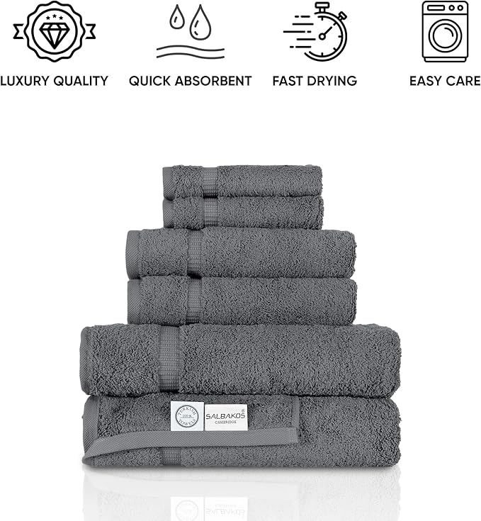 SALBAKOS 100% Turkish Cotton Towel Set of 6 Piece Gray | Premium Quality Hotel & Spa Collection 2 Washcloth, 2 Hand, 2 Bath Towel Sets for Bathroom | Made in Turkey (Gray, 6 Piece Towel Set)