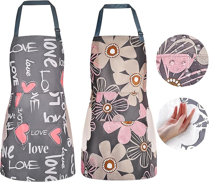 DILLMAN 2 Pack Floral Aprons with Pocket Blooming Womens Waterproof Adjustable Cooking Aprons Kitchen Gardening Salon