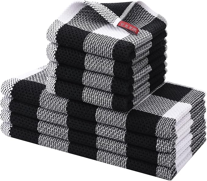 Homaxy Kitchen Towels and Dishcloths Set, 12 x 12 and 13 x 28 Inches, Set of 8 100% Cotton Waffle Weave Check Plaid Kitchen Dish Towels, Super Soft and Absorbent Dish Cloths, White & Black