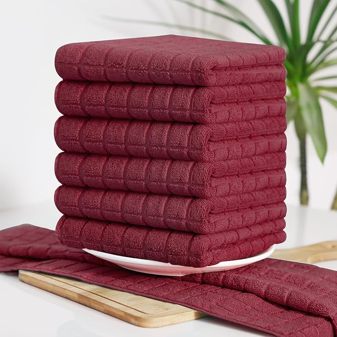 Homaxy Premium Cotton Kitchen Towels 16"x 28", Large Natural Ring Spun 390 GSM Dish Towels, Super Absorbent Terry Kitchen Hand Towels, Soft Tea Towels with Hanging Loop, Pure Red Design, 6 Pack