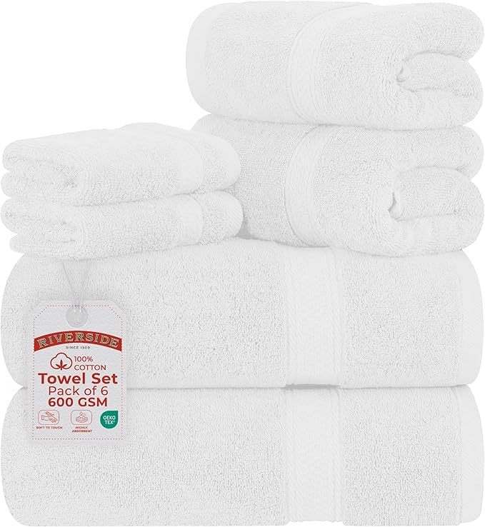 RIVERSIDE Luxury 6 Piece Towel Set, 2 Bath Towels, 2 Hand Towel, 2 Wash Cloths, 100% Cotton, 600 GSM Hotel Quality, Soft, Highly Absorbent Towels for Bathroom, White Towel Sets