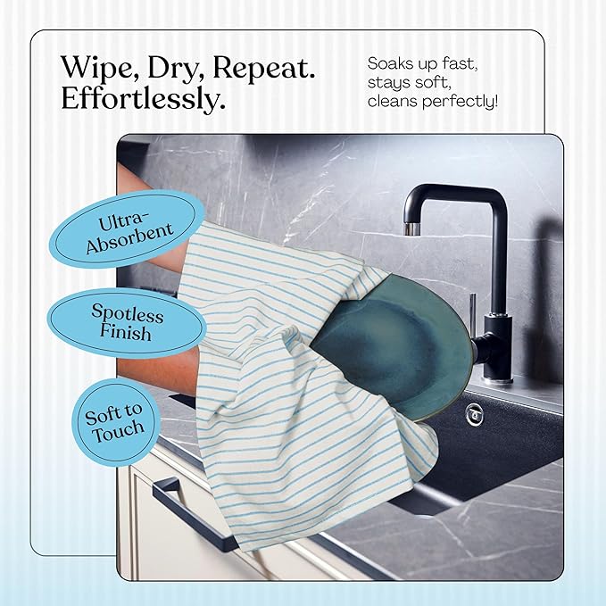 Turquiose Blue Stripe Kitchen Towels, 12 Pack, 100% Cotton, Super Absorbent and Quick Dry, Classic Striped Towel Set, Durable Dish Cloths for Kitchen Use, Cleaning & Drying Dishes