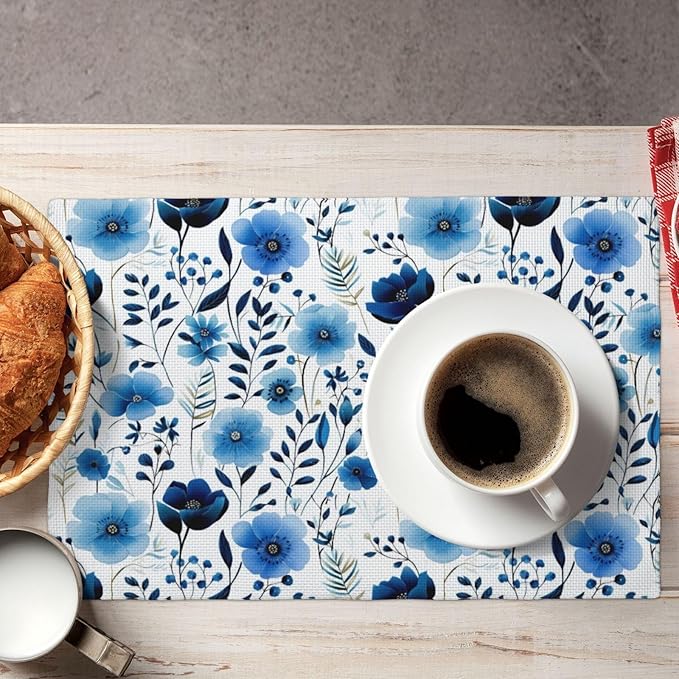 Blue Floral Watercolor Linen Placemats Set of 4, 12" x 18" Heat Resistant Washable Boho Blue Table Mats for Dining Table Kitchen Party Outdoor, Elegant Home Decor & Gift for Floral Nature Enthusiasts