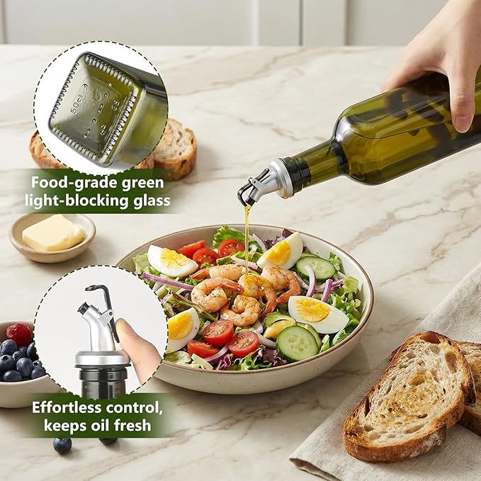 WERTIOO 4Pack Green Olive Oil Dispenser Bottle, 17 OZ Glass Oil Dispenser for Kitchen, 500ml Glass Bottles for Vinegar Oliveoil with Label and Funnel