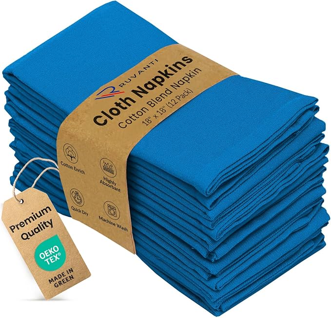 Ruvanti Cloth Napkins Set of 12, 18x18 Inches Napkins Cloth Washable, Soft, Durable, Absorbent, Cotton Blend. Table Dinner Napkins Cloth for Hotel, Lunch, Restaurant, Wedding Event, Parties - Blue