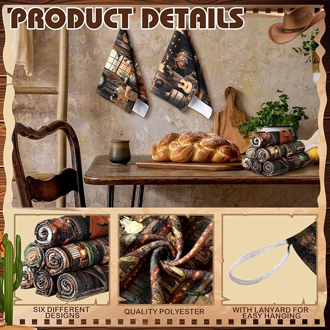 Breling 6 Pcs Western Cowboy Scene Kitchen Towel Wooden House Barn Vintage Themed Dish Towel Bathroom Decorative Rustic Cloths for Kitchen Bathroom Home Housewarming Gift 14 x 21 Inch