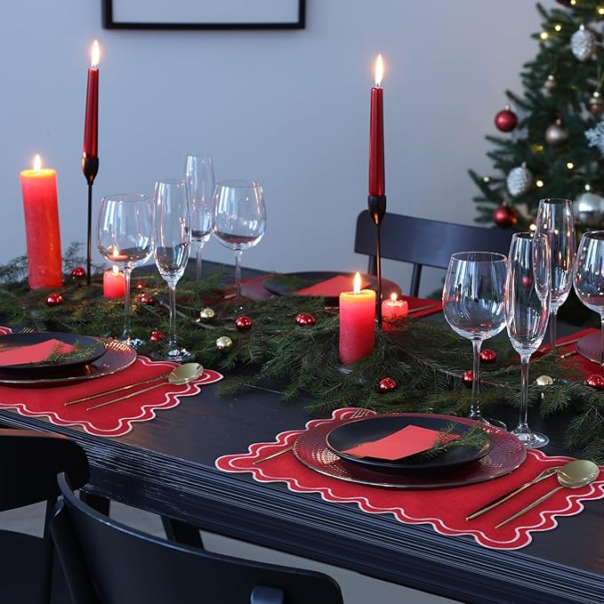 Linen Placemats Set of 12 Scalloped Placemat 13 X19 Wavy Embroidery Double Layered Washable Farmhouse Dinner Fabric Table Mat Napkin for Wedding Party Christmas Hotel Restaurant(Red)