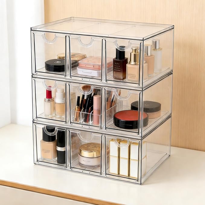 Prsildan Acrylic Makeup Organizer, 3 Pack Stackable Storage Drawers with 9 Drawers for Office Desk Vanity Craft Room Clear Drawer Organizers for Hair Accessories Art Supplies Cosmetics Modular System