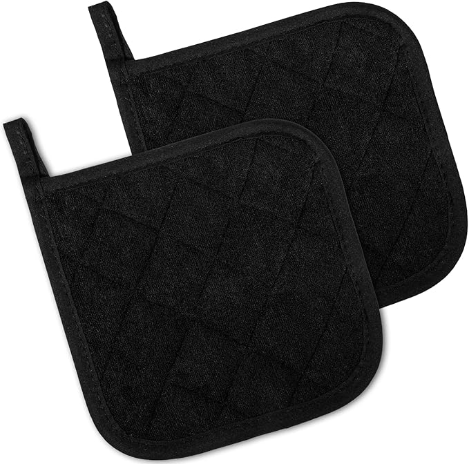 2 Pcs Cotton Pot Holders, 17cm/6.7-Inch Square Potholders for Kitchen, Non Slip Kitchen Pot Holders Cotton Lining Hot Pads for Baking Cooking Oven (Black)