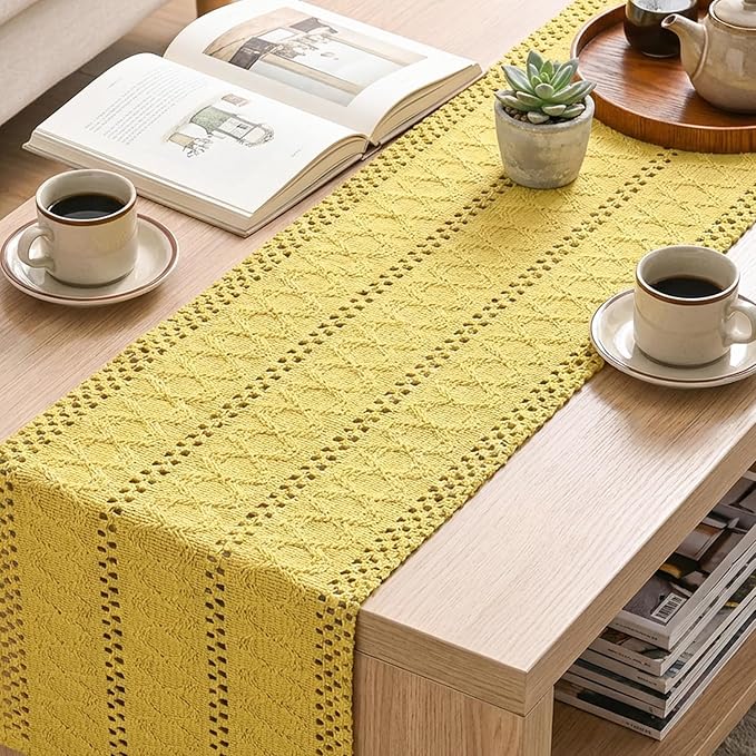 Artoid Mode Yellow Farmhouse Woven Rustic Hollow Table Runner, Seasonal Holiday Hollow Kitchen Dining Table Decoration for Home Party Decor 12x48 Inch