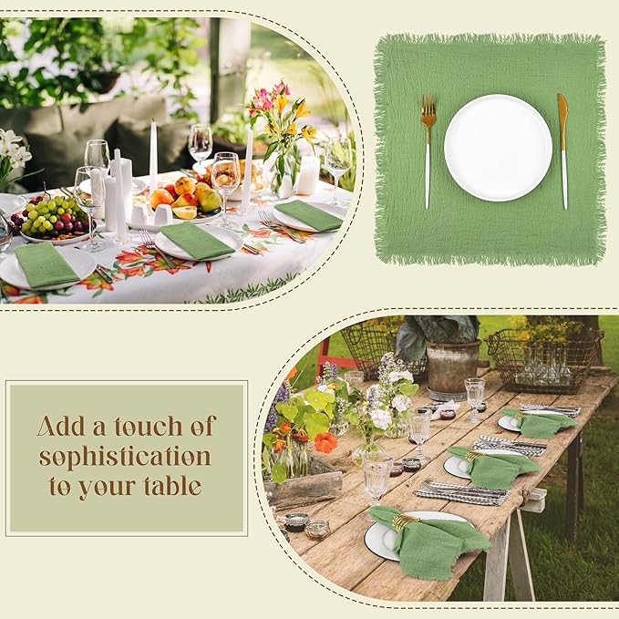 TURSTIN 12 Pieces Cotton Linen Cloth Napkin Handmade Cloth Napkin with Fringe 17 x 17 Inch Soft Dinner Wedding Napkins Square Rustic Fringe Table Napkins for Dinners, Parties, Weddings, Sage Green