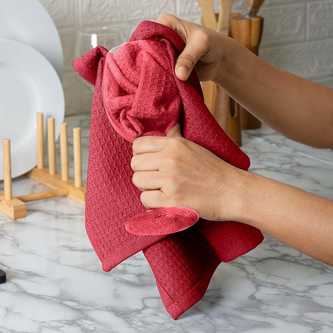 Blue Needles Waffle Weave Kitchen Towels, 15x25 Inches 100% Cotton Set of 4 Dish Towels for Kitchen, Ultra Soft & Absorbent with Hanging Loop, Spring Summer Dish Rags for Quick Drying - Burgundy