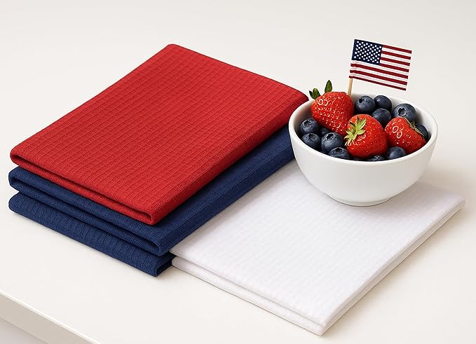PurpleEssences 4th of July Waffle Weave Kitchen Towel, 100% Cotton - 15x25 Inches with Hanging Loop, Ultra Soft Absorbent Quick Drying Dish Cloth, Tea and Hand Towels, 6 Pack - Summer - Red Blue White