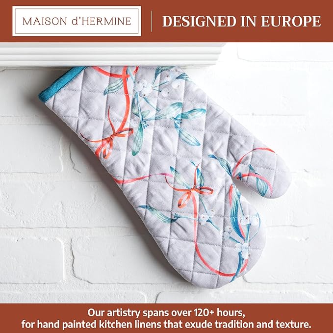Maison d' Hermine Oven Gloves 100% Cotton Oven Mitt 7" x 13" with Loop Heat Resistant BBQ Cooking Gloves for Thanksgiving Christmas Decorations Baking Handling Hot Pans (Pack of 1, Enora)