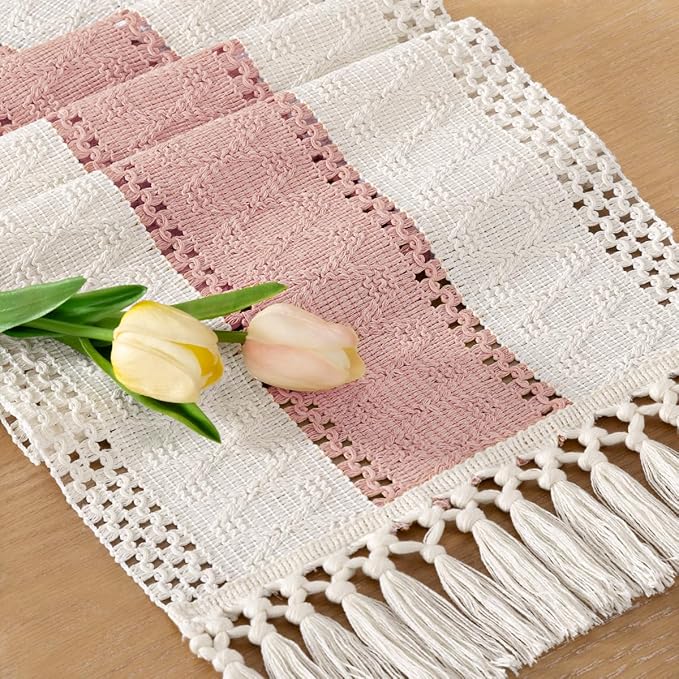 Socomi Boho Table Runner Easter Spring Farmhouse Rustic Dining Kitchen Centerpiece Decor Small Macrame Woven Cotton Linen Coffee Table Runner for Dresser Scarf Home Decor 12x72 inPink Ivory