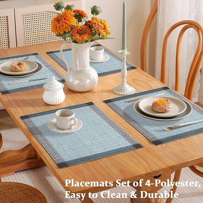 Bloss Blue Grey Ethnic Boho Placemats Set of 4-12x18Inch Table Mats Washable Heat-Resistant Place Mats for Dining Table, Easy to Clean Boho Farmhouse Placemats for Holiday Party Dining Table Decor